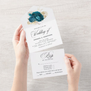 Turquoise - Teal and Gold Floral Wedding All In On One Invitation