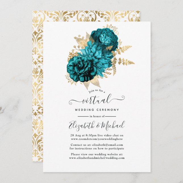 Turquoise - Teal and Gold Floral Wedding Invitation (Front/Back)