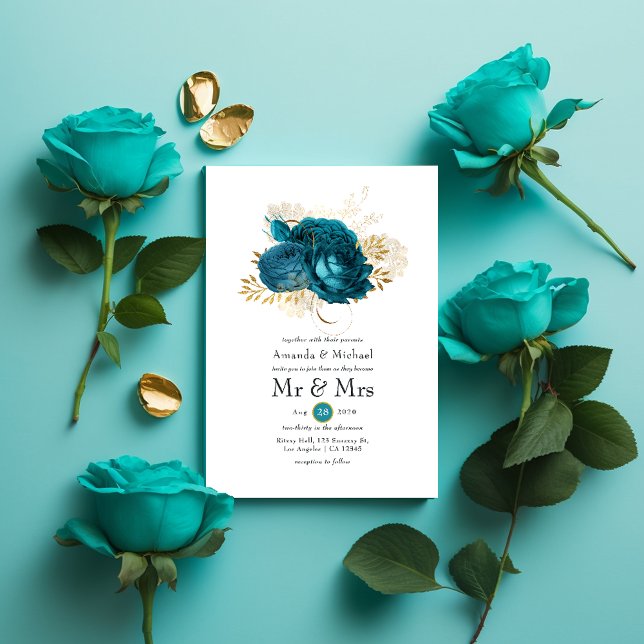 Turquoise - Teal and Gold Floral Wedding Invitation (Creator Uploaded)