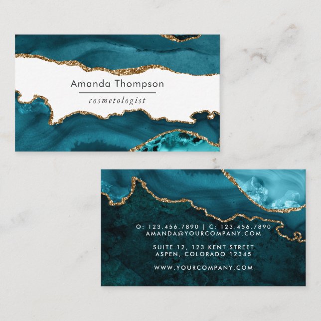 Turquoise - Teal and Gold Geode Agate Stone Business Card (Front/Back)