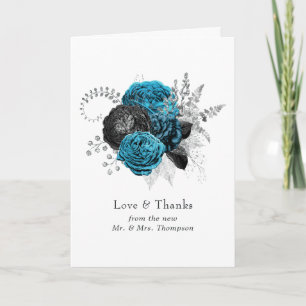 Turquoise - Teal Black and Silver Floral Wedding Thank You Card