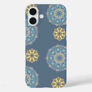 Turquoise Teal Blue an yellow Mandala Art Pattern iPhone 16 Plus Case