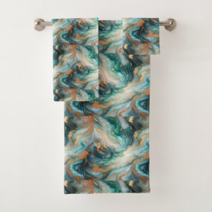Turquoise Teal Blue and Gold Alcohol Ink Marble Bath Towel Set