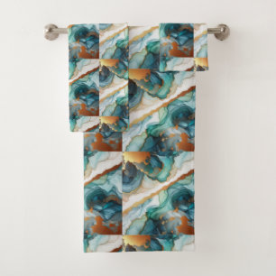 Turquoise Teal Blue and Gold Alcohol Ink Marble Bath Towel Set