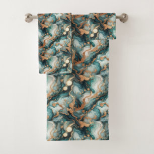 Turquoise Teal Blue and Gold Alcohol Ink Marble Bath Towel Set