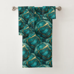 Turquoise Teal Blue and Gold Alcohol Ink Marble Bath Towel Set