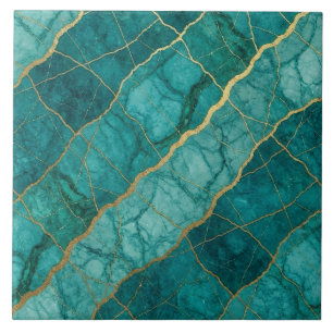 Turquoise Teal Blue and Gold Marble Tile