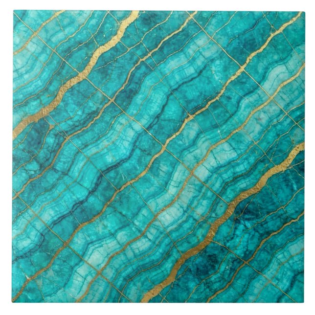 Turquoise Teal Blue and Gold Marble Tile (Front)