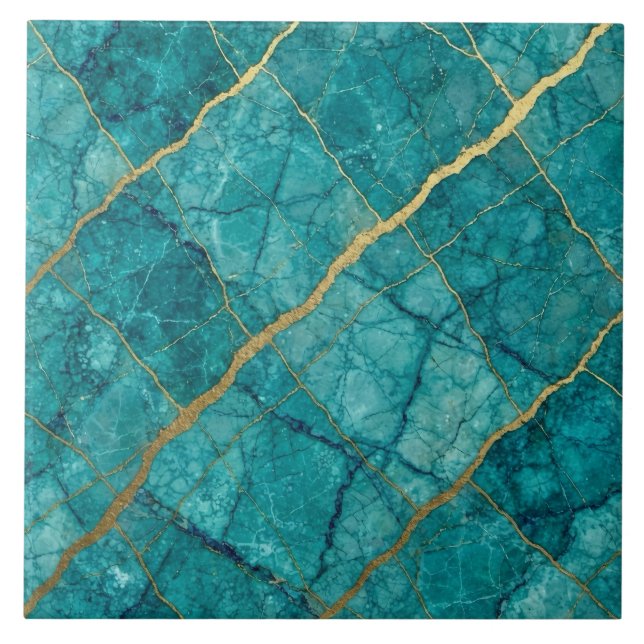 Turquoise Teal Blue and Gold Marble Tile (Front)