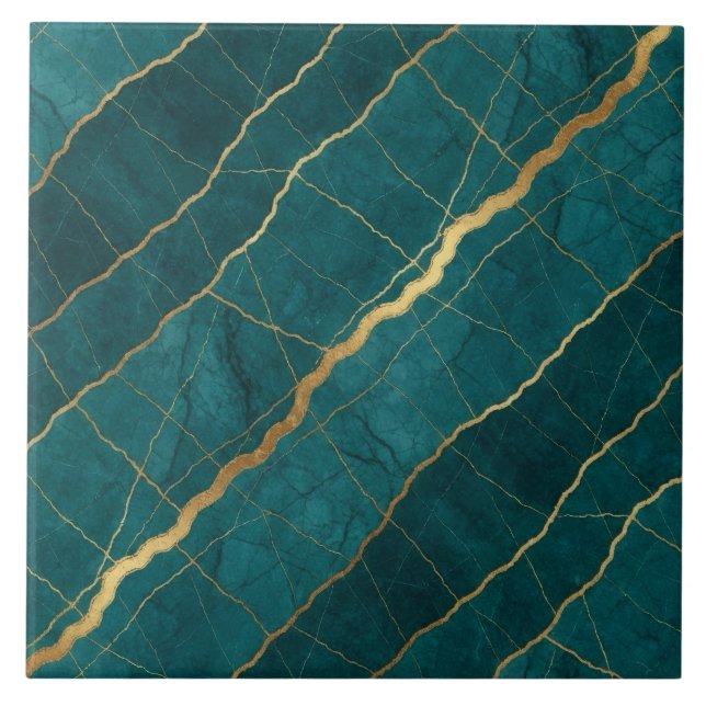 Turquoise Teal Blue and Gold Marble Tile (Front)