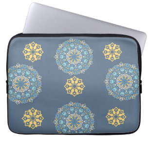 Turquoise Teal Blue and Yellow MandalaArt pattern Laptop Sleeve