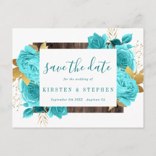 Turquoise Teal Blue Aqua Gold Floral Save the Date Postcard