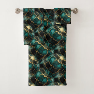 Turquoise Teal Blue Black Gold Alcohol Ink Marble Bath Towel Set