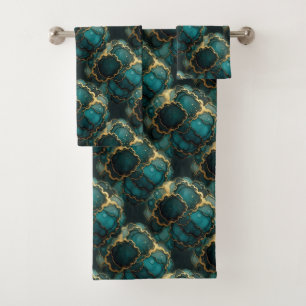 Turquoise Teal Blue Black Gold Alcohol Ink Marble Bath Towel Set