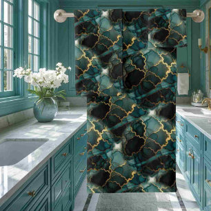 Turquoise Teal Blue Black Gold Alcohol Ink Marble Bath Towel Set