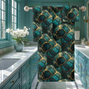 Turquoise Teal Blue Black Gold Alcohol Ink Marble Bath Towel Set