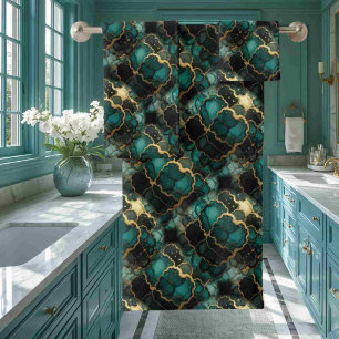 Turquoise Teal Blue Black Gold Alcohol Ink Marble Bath Towel Set