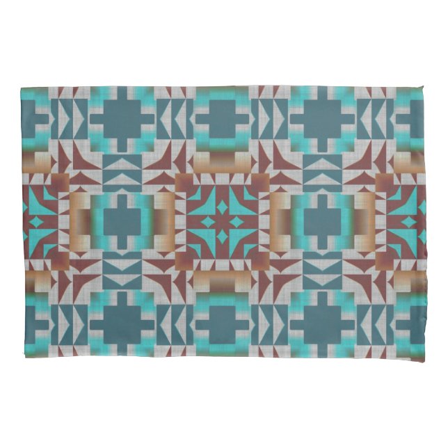 Turquoise Teal Blue Dark Red Brown Grey Tribal Art Pillowcase (Front-Left)