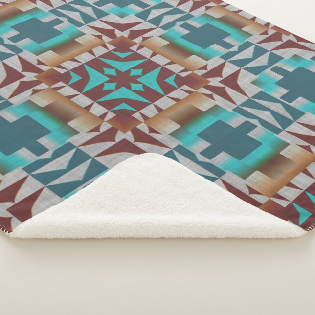 Turquoise Teal Blue Dark Red Brown Grey Tribal Art Sherpa Blanket (3/4)