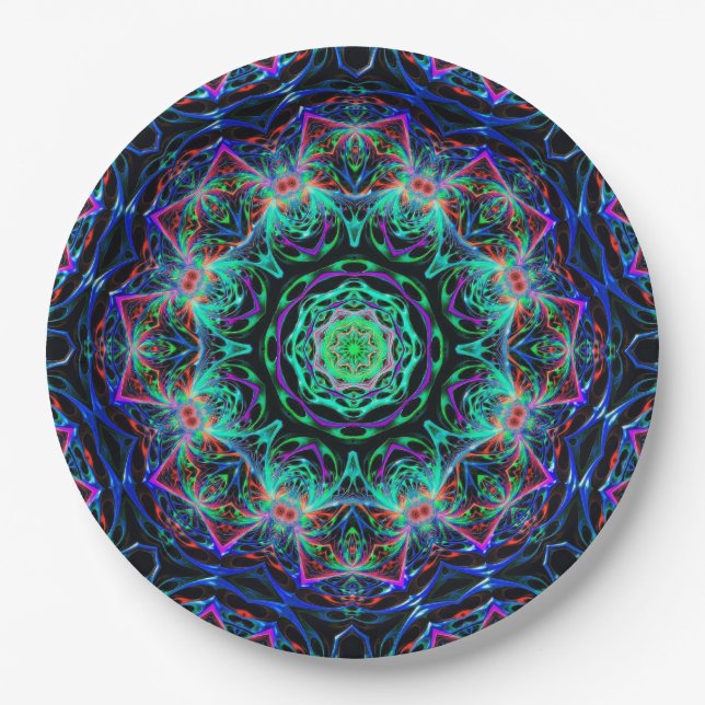 Turquoise Teal Blue Fractal Mandala Pattern Paper Plate (Front)