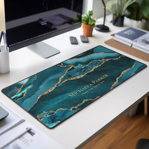 Turquoise Teal Blue Gold Agate Geode Business Desk Mat