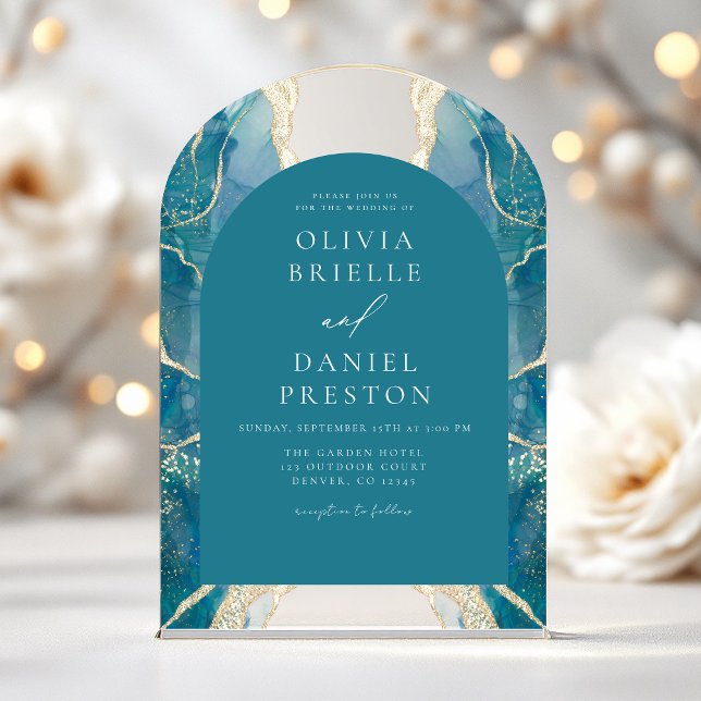 Turquoise Teal Blue Gold Agate Wedding Elegant Acrylic Invitations (Creator Uploaded)