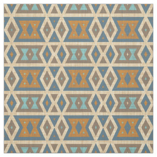 Turquoise Teal Blue Orange Aztec Mosaic Pattern Fabric