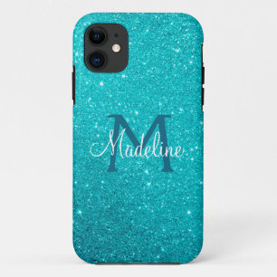 Turquoise Teal Blue Sparkly Glitter Monogrammed  Case-Mate iPhone Case