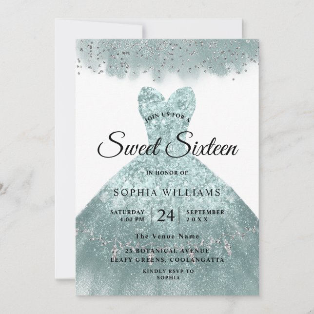 Turquoise Teal Dress Sweet 16 Birthday Party Invitation (Front)