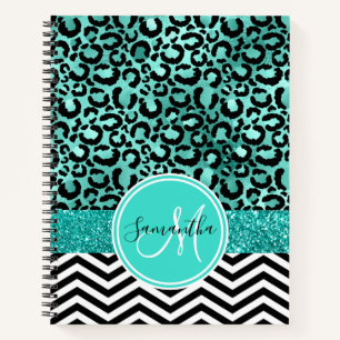 Turquoise Teal Faux Glitter Leopard Print Monogram Notebook