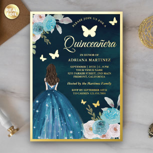 Turquoise Teal Floral Butterfly Quinceanera Gold