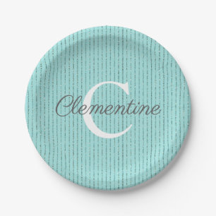 Turquoise Teal Glitter Stripes Girly Monogram Paper Plate