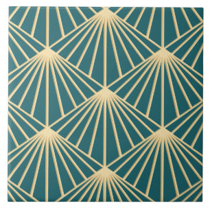 Turquoise Teal & Gold Art Deco Fan Pattern Diamond Tile