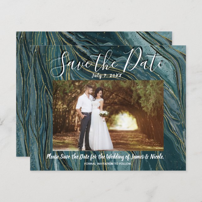 Turquoise Teal Gold Photo Wedding Save the Date (Front/Back)
