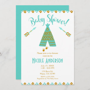 Turquoise Teal & Gold Tepee Modern Baby Shower Invitation