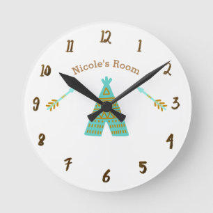 Turquoise Teal & Gold Tepee Rustic Personalised Round Clock