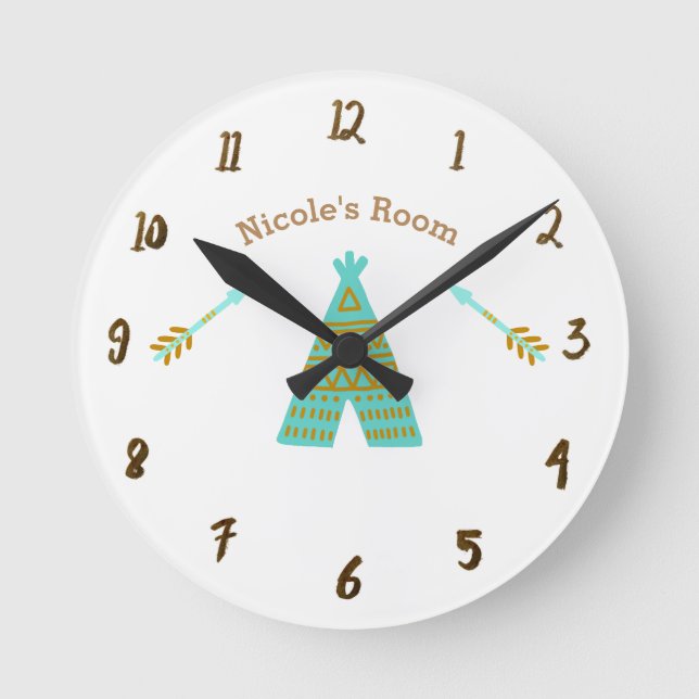 Turquoise Teal & Gold Tepee Rustic Personalised Round Clock (Front)
