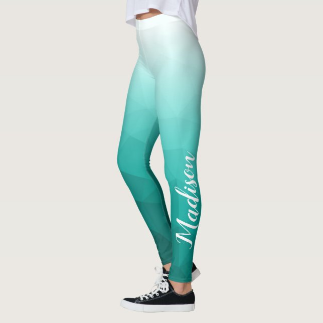 Turquoise teal Gradient Geometry Mesh Pattern Name Leggings (Left)