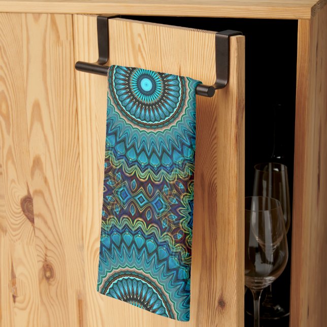 Turquoise Teal Green Mandala Round Star Pattern Tea Towel (Thirds Fold)