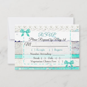 Turquoise Teal Grey Rustic Wood Wedding RSVP card