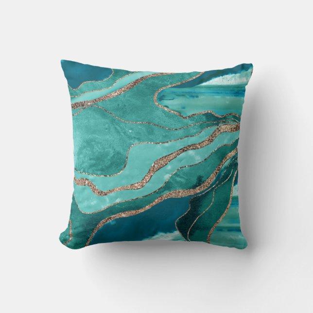 Turquoise Teal Marble Agate Gold Glitter Glam #1  Cushion (Front)
