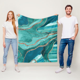 Turquoise Teal Marble Agate Gold Glitter Glam #1 Fleece Blanket