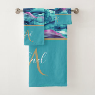 Turquoise Teal Marble Agate & Monogram Bath Towel Set