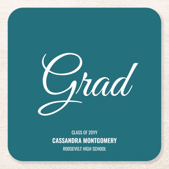 Turquoise Teal Modern Graduation Party Square Paper Coaster (Front)