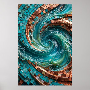 Turquoise Teal Mosaic Wave Wall Art Poster