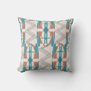 Turquoise Teal Orange Beige Large Zig-zag Mosaics Cushion