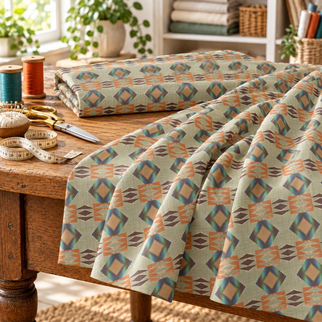 Turquoise Teal Orange Native Tribal Mosaic Pattern Fabric (Creator Uploaded)