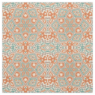Turquoise Teal Orange Retro Nouveau Deco Pattern Fabric