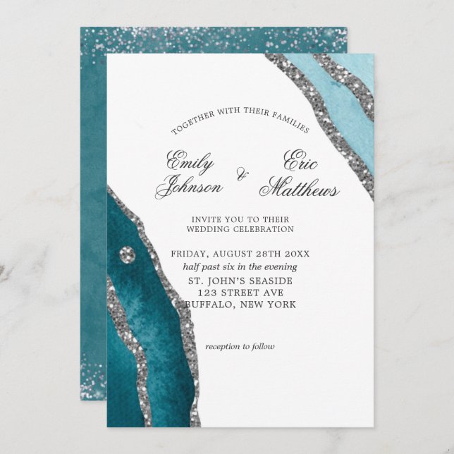 Turquoise Teal Watercolor Agate Wedding Invitation (Front/Back)