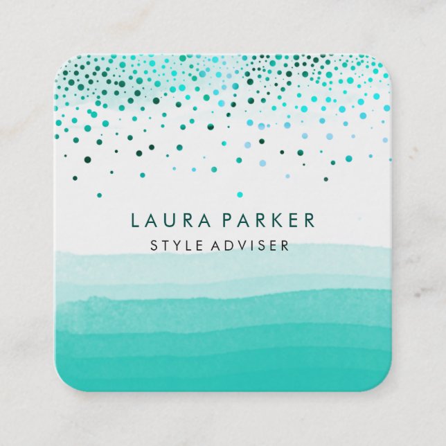 Turquoise Teal Watercolor Beach Blue Subtle Square Business Card (Front)